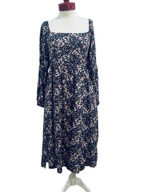 Lost + Wander Navy Floral Square-Neck Long Sleeve Midi Dress